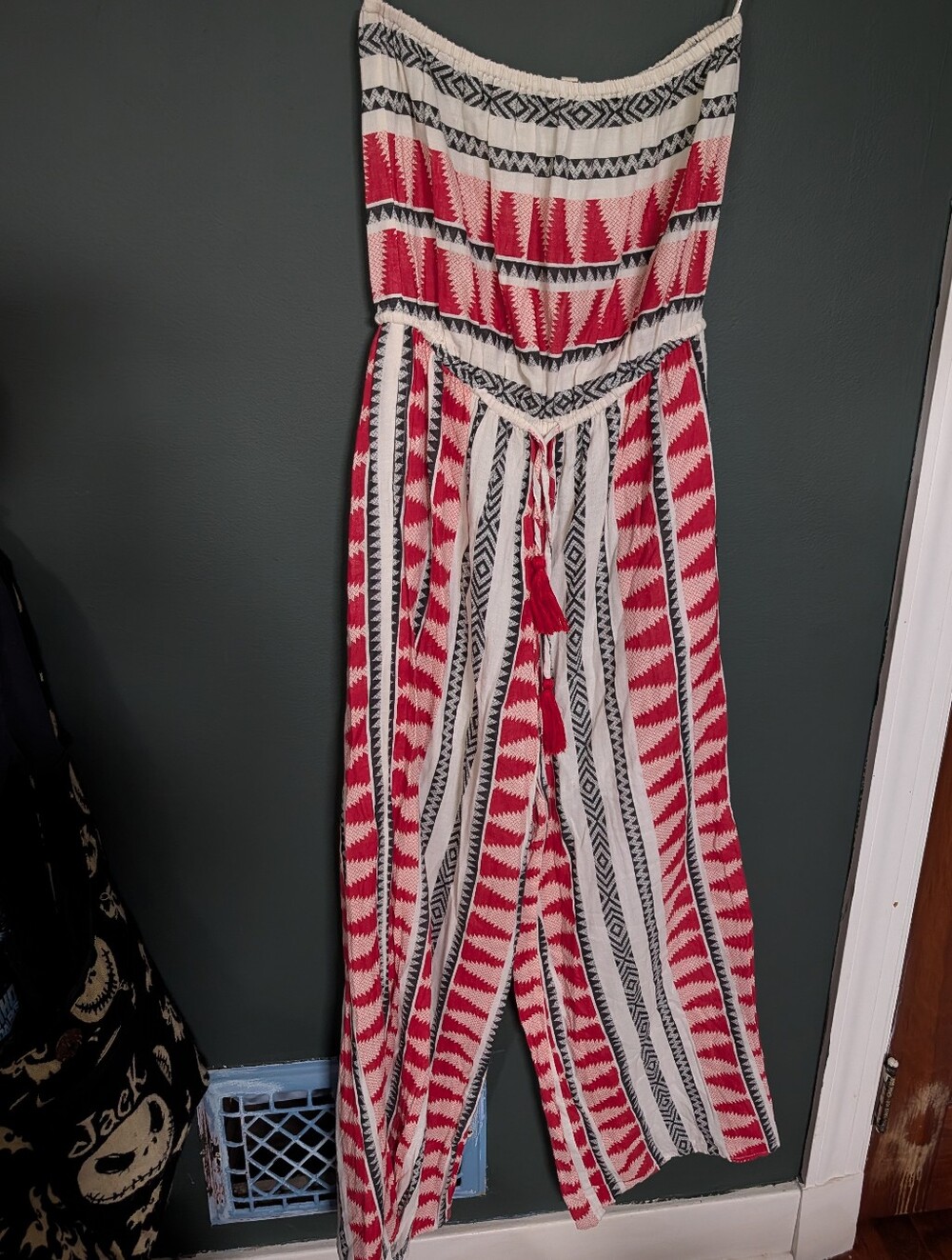 Elan Strapless Wide-Leg Jumpsuit in Red, White & Black Geometric Print
